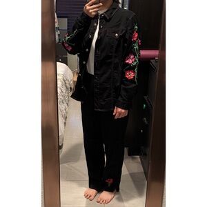 Bob Mackie Floral Embroidery Black Jean Jacket & Pants Set